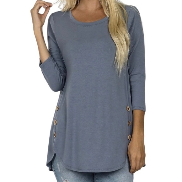 Zenana Premium Plus Size 3/4 Sleeve Button Accent Curved Hem Top - Cement Blue   - Picture 1 of 7